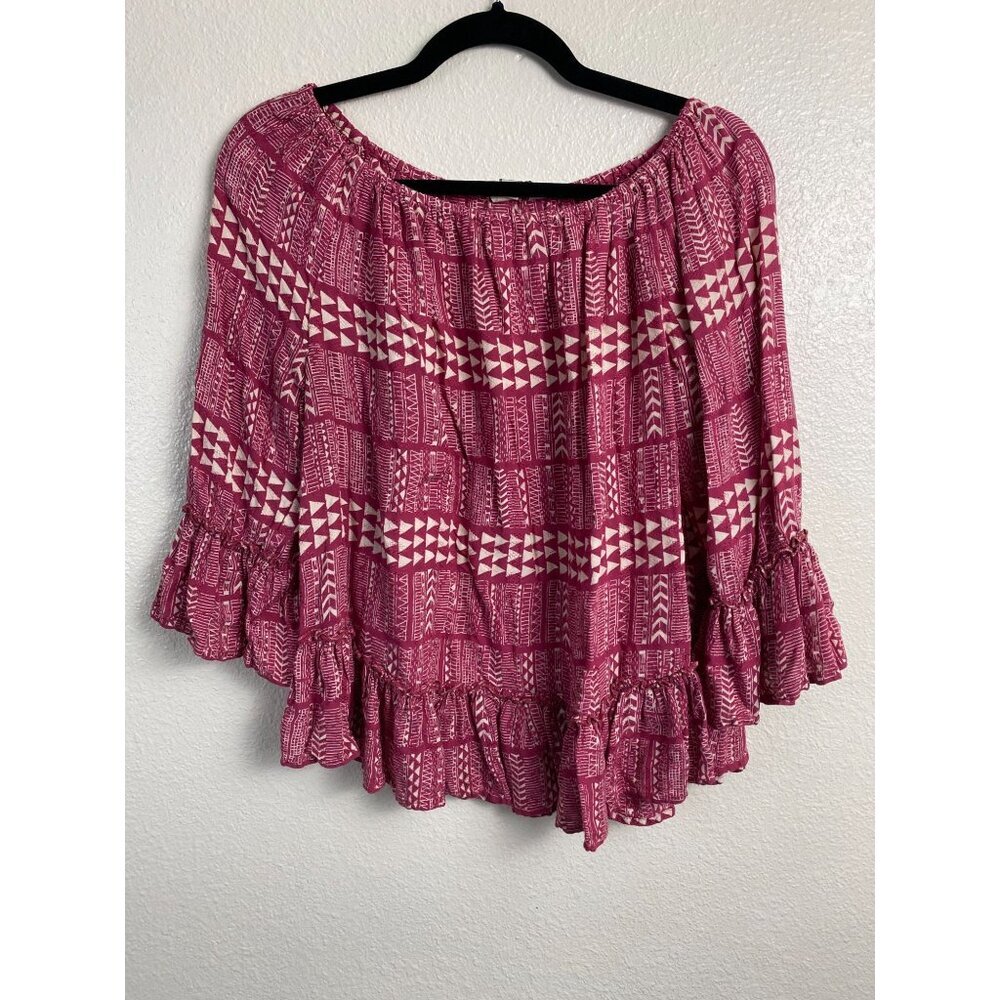 Lucky Brand Womens Peasant Boho Off Shoulder Top Size Medium Bell Sleeve Aztec